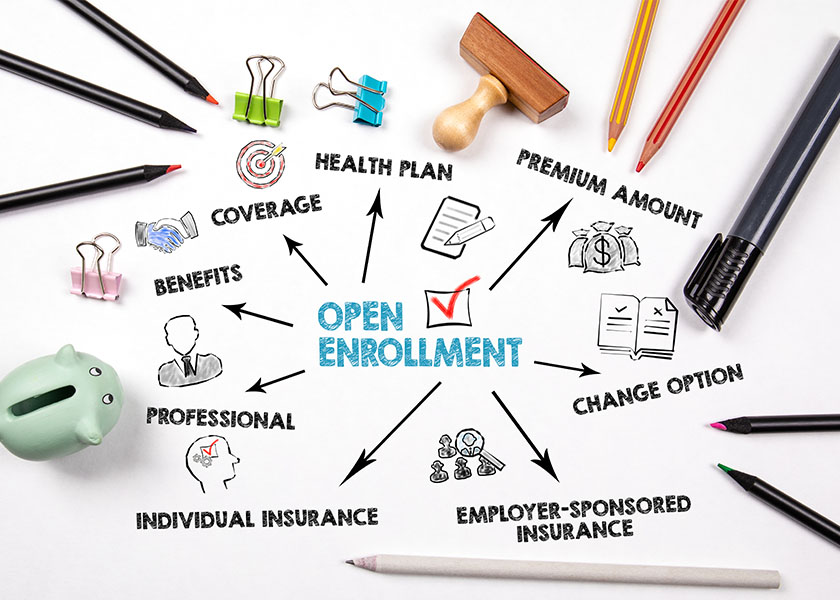 Medicare Open Enrollment concept. Chart with keywords and icons. White office desk with colored pencils and stationery